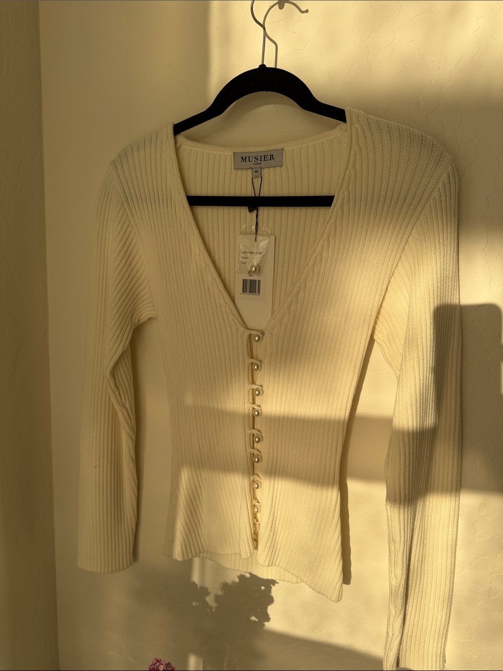 Musier Paris Cream Ribbed Button-Front Cardigan size 40